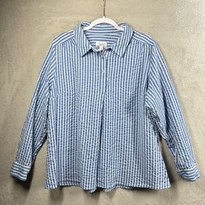 Denim & Co. Stretch Seersucker Long Sleeve Top  Women's XL Blue Stripe Nautical